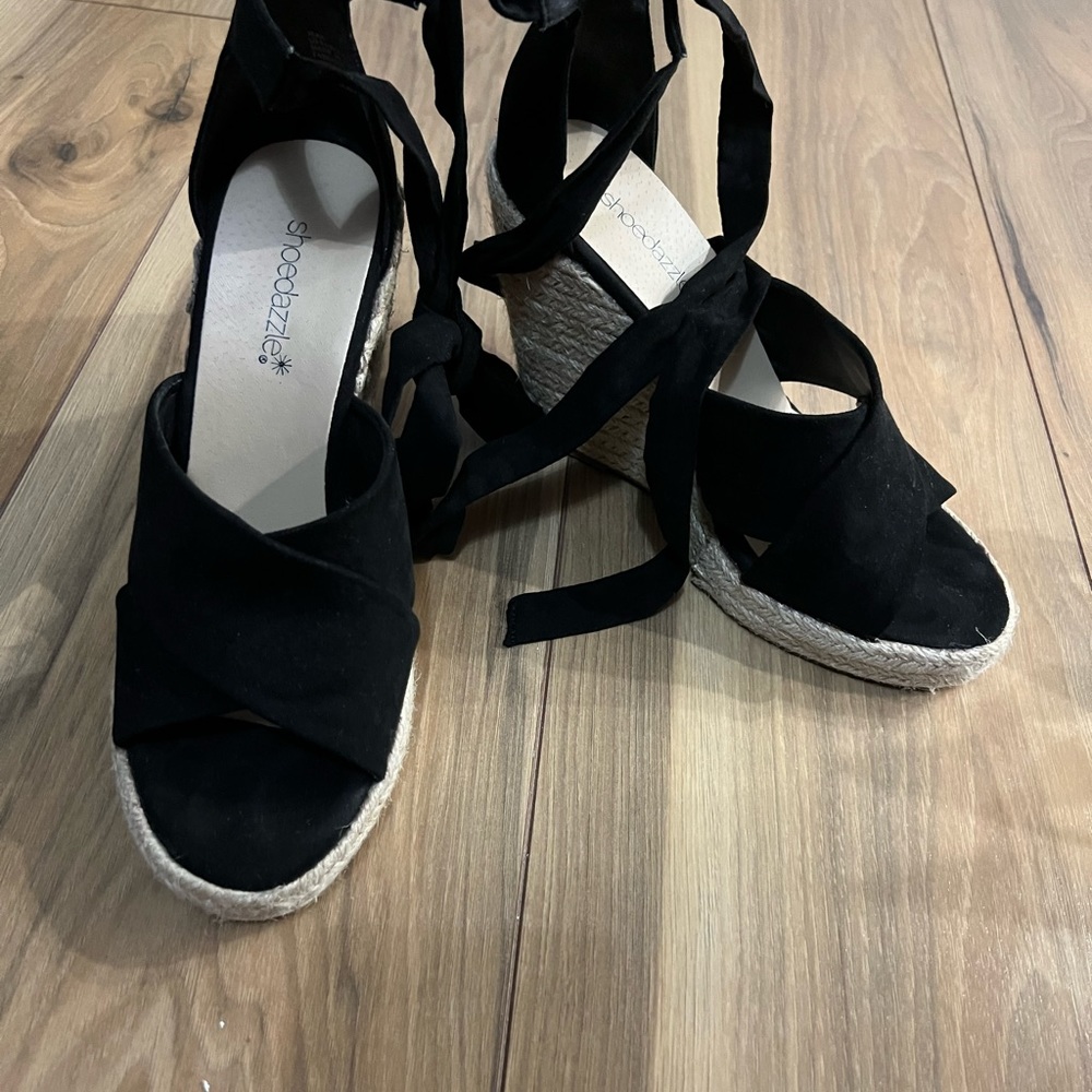 Shoe dazzle espadrille black sandal with ankle wrap. Worn 2x -like new